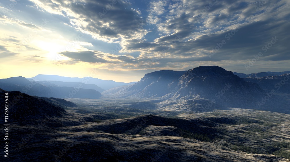 Obraz premium A dramatic view of a mountain range at dusk, with fading sunlight creating long shadows and a dramatic atmosphere HD, realistic