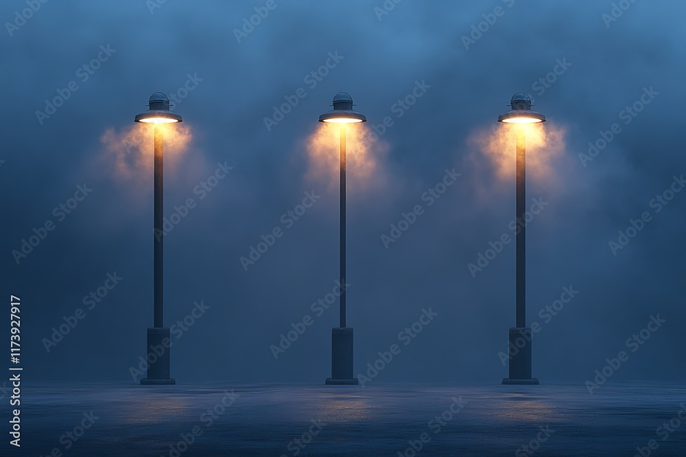 Fototapeta premium Soft light glows from street lamps in a foggy urban setting at dusk