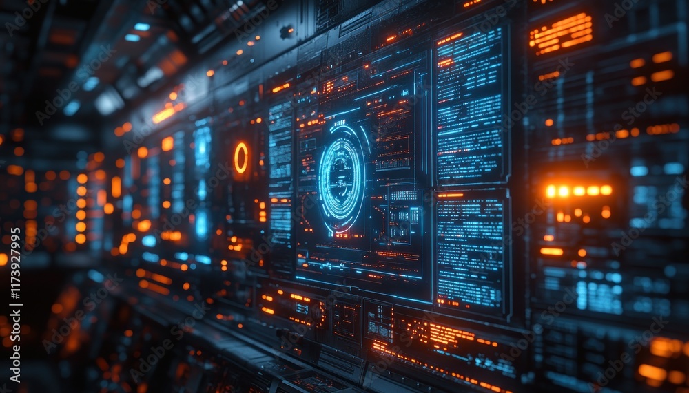 Fototapeta premium Futuristic Digital Interface Complex Network Circuitry Cyberpunk Technology Data Integration