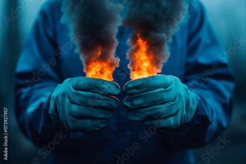 Mysterious figure holds burning smoke flares in a dark, atmospheric setting at dusk photo