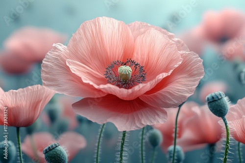 A memorial day setting with a field of wild poppies and space for text photo