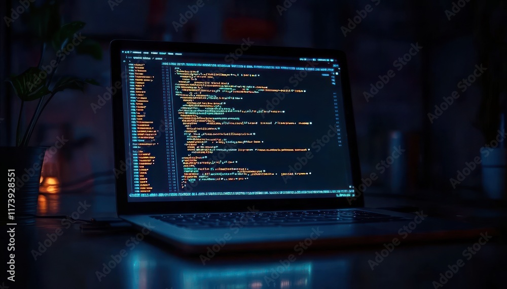 Vibrant Code on Laptop in Dark Room Illuminated by Blue Light Representing Programming and Technology Vibrant Code on Laptop in Dark Room Illuminated by Blue Light Representing Programming and Technology