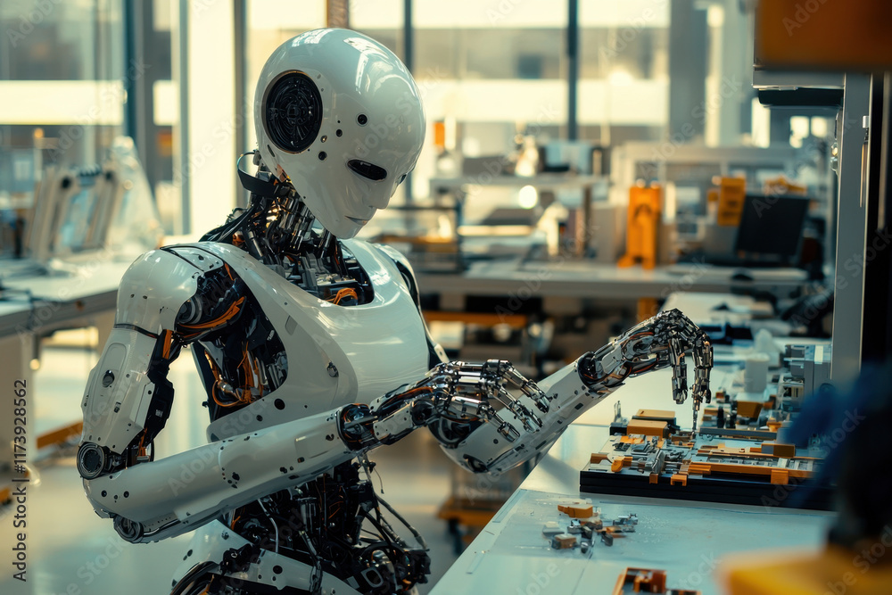 Futuristic robot assembling intricate machinery in a sleek, illuminated factory setting Futuristic robot assembling intricate machinery in a sleek, illuminated factory setting