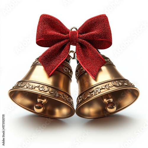 Golden Christmas bells with a red velvet ribbon, isolated on a white transparent background,  element. Perfect for holiday decorations, these elegant bells have a festive design