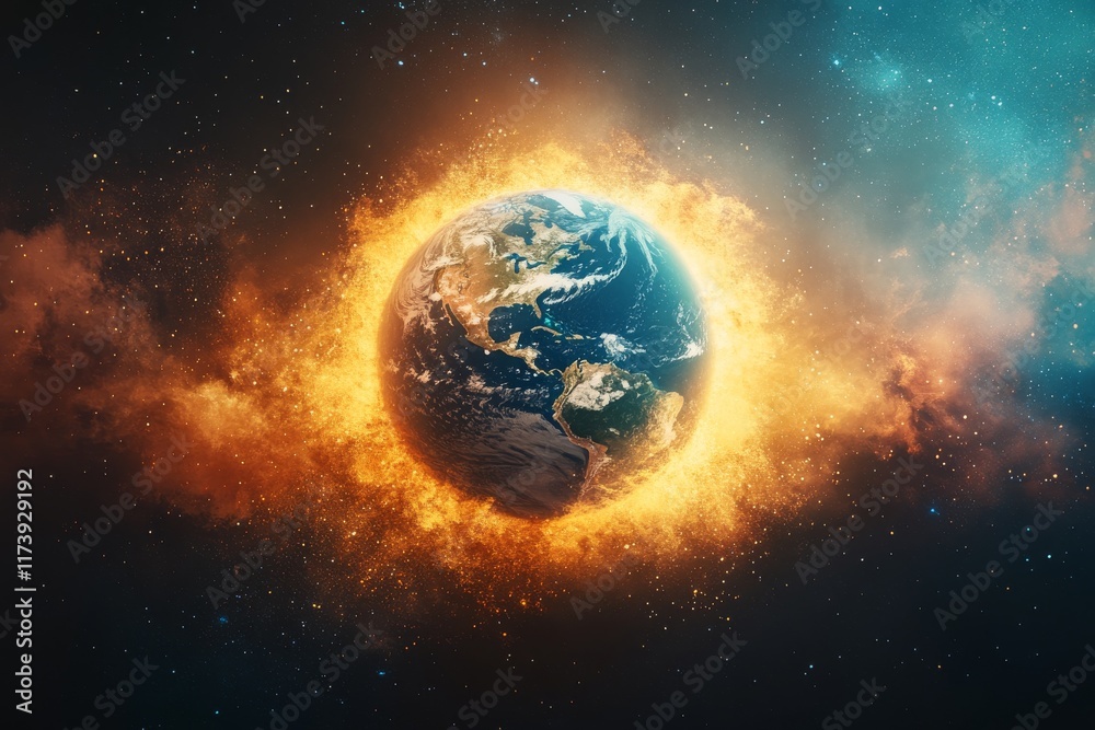 Earth enveloped in fiery flames with stars and cosmic elements surrounding it in a vast universe Earth enveloped in fiery flames with stars and cosmic elements surrounding it in a vast universe