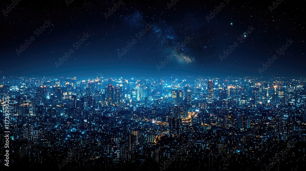 Obraz premium Night cityscape with bright lights under starry sky and Milky Way.