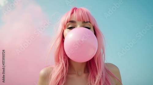 a woman with pink hair blowing a huge bubble