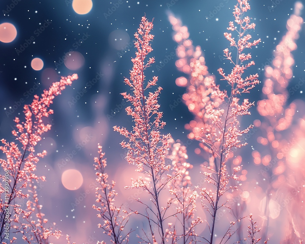 Pink wildflowers illuminated by soft bokeh lights at night. Pink wildflowers illuminated by soft bokeh lights at night.