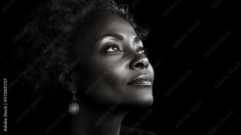 A captivating black and white portrait of a woman gazing upward with a serene expression, emphasizing the intricate details in her hair and facial features. A captivating black and white portrait of a woman gazing upward with a serene expression, emphasizing the intricate details in her hair and facial features.