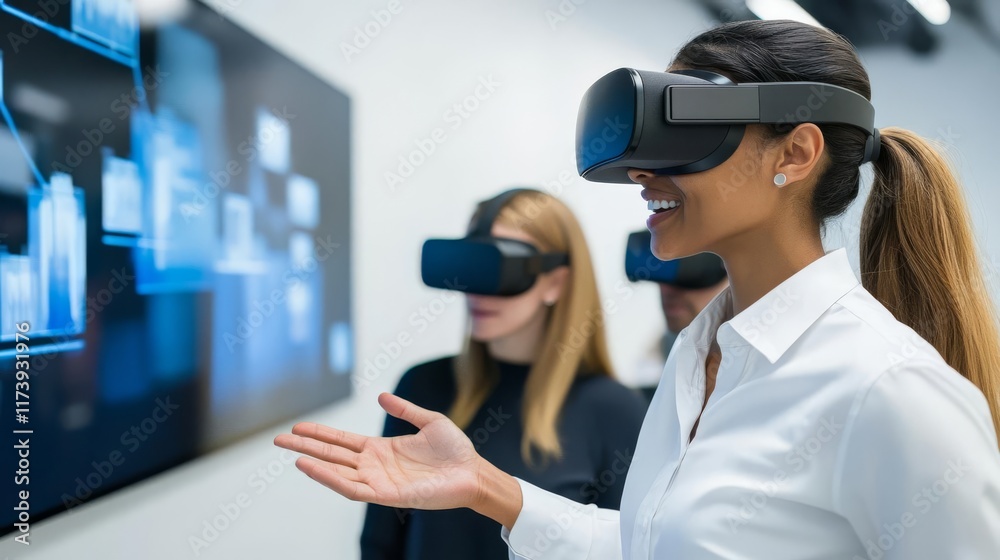 Consultant demonstrating VR solutions to a small group in a sleek tech space, Virtual Reality, Immersive tech consulting Consultant demonstrating VR solutions to a small group in a sleek tech space, Virtual Reality, Immersive tech consulting
