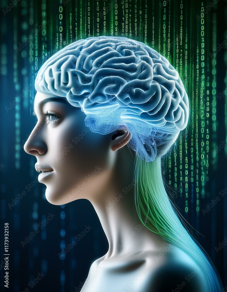 Female's profile with a glowing brain and binary code. Female's profile with a glowing brain and binary code.