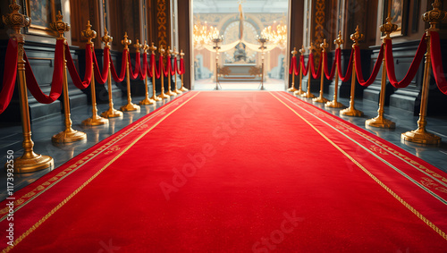 Red carpet and golden stymies on the stone floor of luxury event entrance, red carpet with gold border and decorative patterns at both ends. A wide angle photo of an elegant carpet leading to camera photo