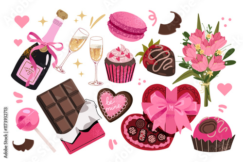 Cute Valentine’s day sweets set. Chocolate, cupcakes, candies, macaroons, champagne, flowers. Vector collection for planner, love letter, wedding, decoration, greeting card.