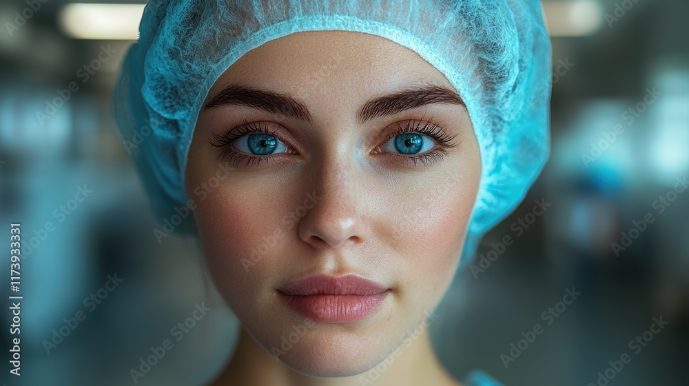 Portrait of a Medical Professional in Surgical Attire with Blue Cap and Mask, Representing Healthcare Workers in Clinical Environments and Surgical Settings Portrait of a Medical Professional in Surgical Attire with Blue Cap and Mask, Representing Healthcare Workers in Clinical Environments and Surgical Settings