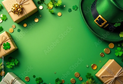 St. Patrick's Day festive decorations on green background. Irish holiday symbols with gold coins, shamrocks, and leprechaun hat. Flat lay with opy space photo