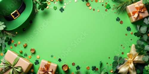 St. Patrick's Day festive green background with leprechaun hat, gifts, and shamrocks. Irish holiday celebration. Flat lay with opy space photo