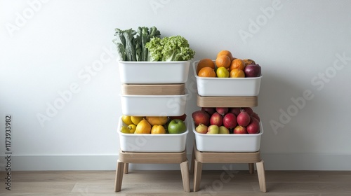 Stacked produce containers, kitchen storage, white wall background, healthy eating photo