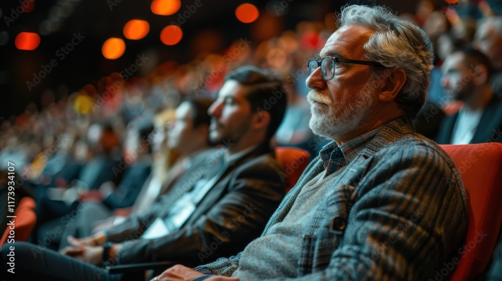 The focus of this captivating image is an elderly man attentively listening in a crowded, dimly-lit auditorium, capturing a moment of deep engagement and curiosity in a conference setting The focus of this captivating image is an elderly man attentively listening in a crowded, dimly-lit auditorium, capturing a moment of deep engagement and curiosity in a conference setting