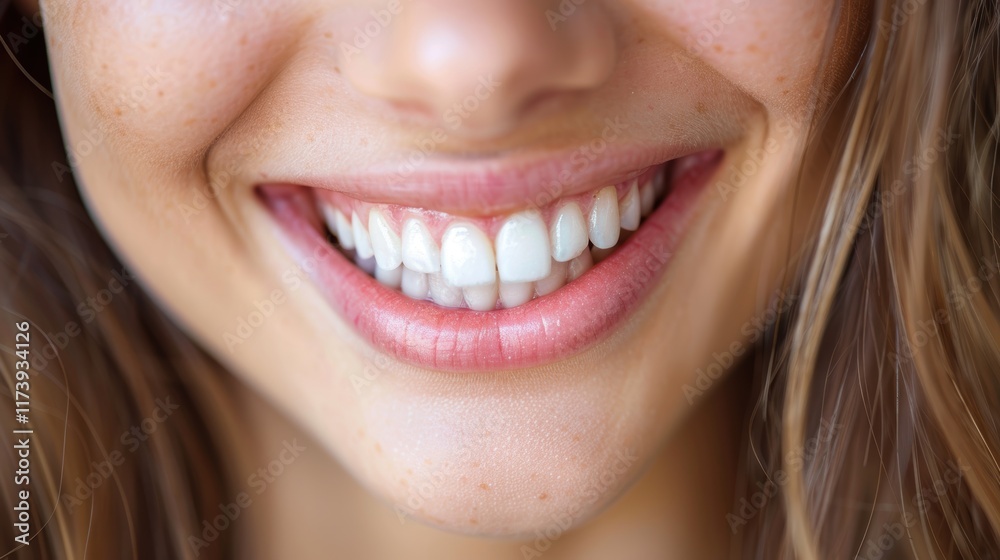 Obraz premium Close-up photograph of a smiling person's white teeth and lips, showcasing dental health and happiness through a bright and detailed expression