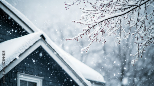 Snowy tree branches overhanging sno covered house or barn roof with white shingles and gray sky in winter. photo