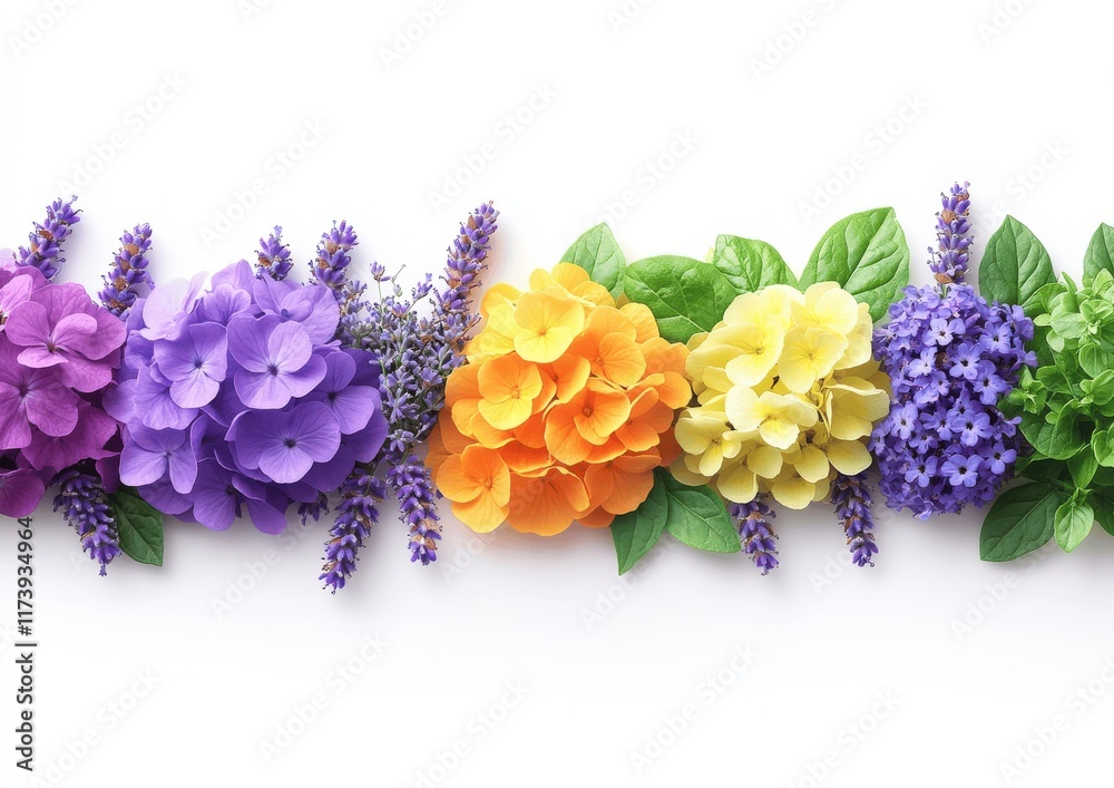 Obraz premium Vibrant Floral Arrangement Featuring Purple Lavender, Orange and Yellow Flowers with Green Leaves on White Background for Home Decor and Botanical Inspiration