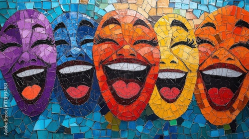 A Colorful Mosaic of Diverse Emotions and Joyful Expressions in a Vibrant Artwork Representing Unity, Happiness, and Creativity photo