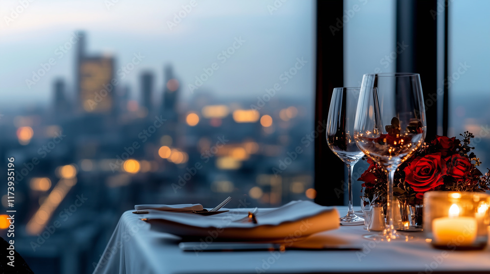 A romantic candlelit dinner for two set on a table with elegant wine glasses, red roses, and folded napkins, overlooking a blurred city skyline with glowing lights at dusk. A romantic candlelit dinner for two set on a table with elegant wine glasses, red roses, and folded napkins, overlooking a blurred city skyline with glowing lights at dusk.