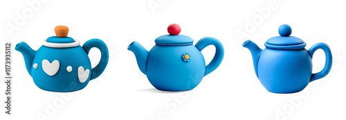 Colorful Plasticine Teapot set on a white and transparent background.