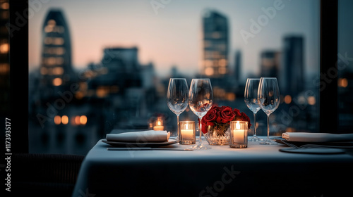 A beautifully set table for two with wine glasses, candles, and a bouquet of red roses, overlooking a softly blurred city skyline at dusk, creating an intimate and romantic ambiance. photo