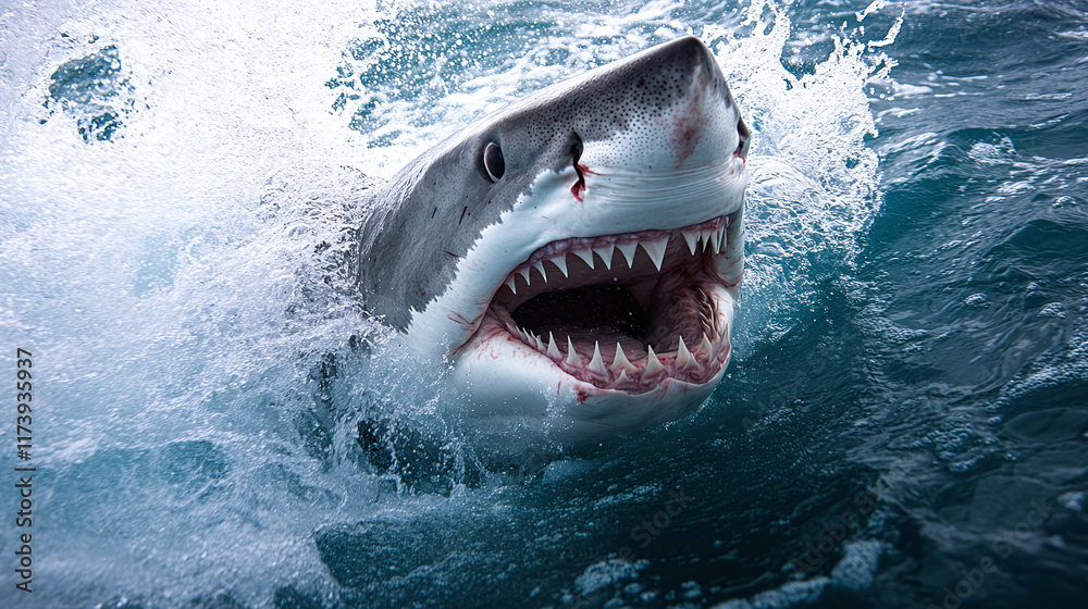 Obraz premium Great white shark full body isolated on white background. ocean sea underwater wildlife predator animal, dangerous marine aquatic big large creature, aggressive monster.