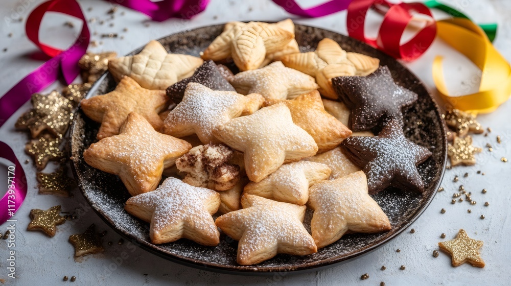 festive cookie display, artfully presented assortment of hamantaschen cookies in different flavors, encircled by vibrant purim decor and ribbons festive cookie display, artfully presented assortment of hamantaschen cookies in different flavors, encircled by vibrant purim decor and ribbons