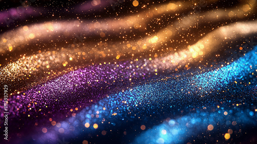 Glitter Rainbow Golden Wave Stripes Design. Shiny Gold and Blue moving lines design element on dark background	