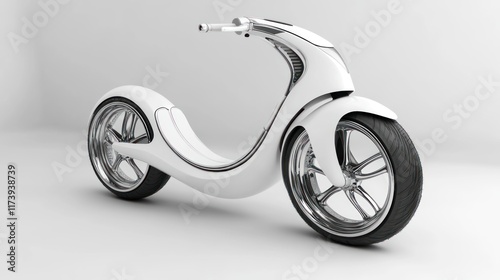 Sleek futuristic white scooter design with chrome wheels. Ideal for personal transport in a sci-fi setting or as a stylish urban commuter. photo