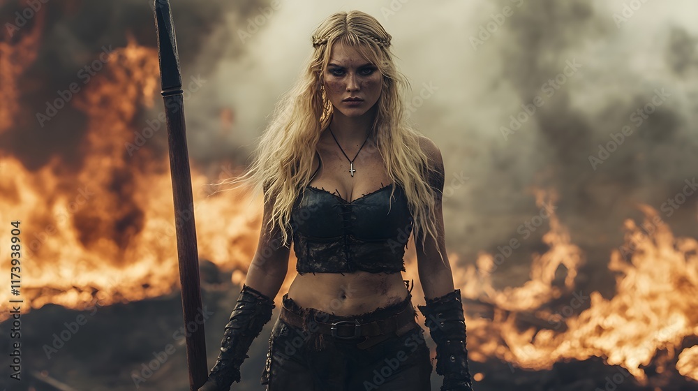 Obraz premium Blonde Viking woman with cropped leather top and wooden quarterstaff on a burning battlefield