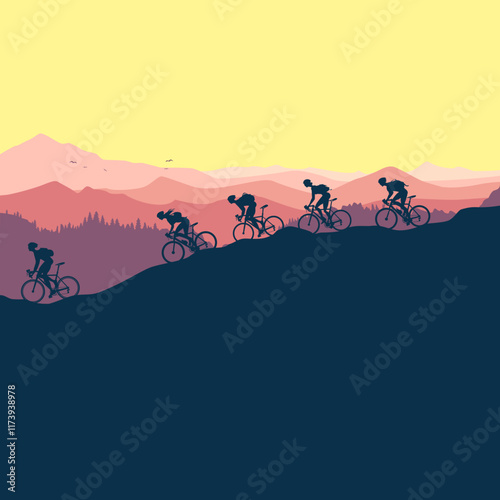 A group of eco-friendly cyclists are riding down a hill.
