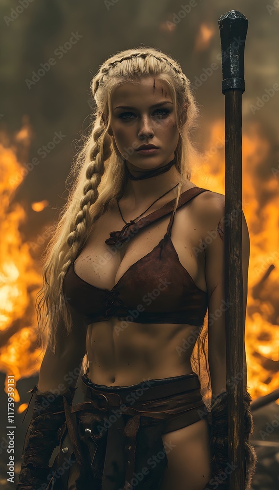 Obraz premium Blonde Viking woman with cropped leather top and wooden quarterstaff on a burning battlefield