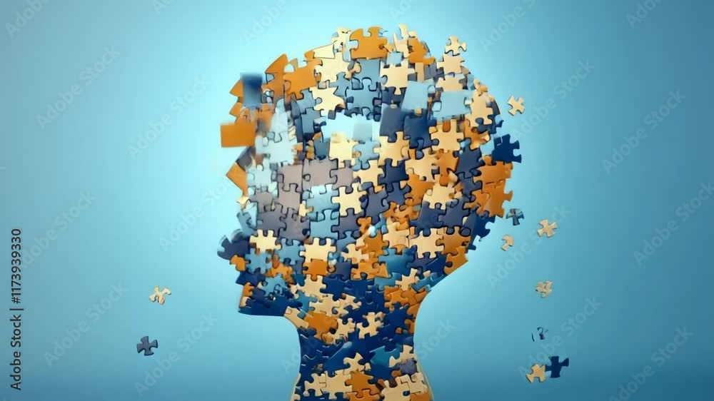 Colorful jigsaw puzzle pieces forming a human head profile symbolize ...
