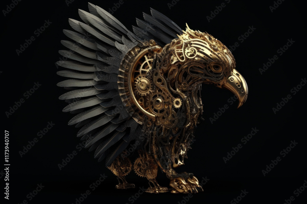 Obraz premium Steampunk-inspired eagle statue with metallic feathers and intricate machinery