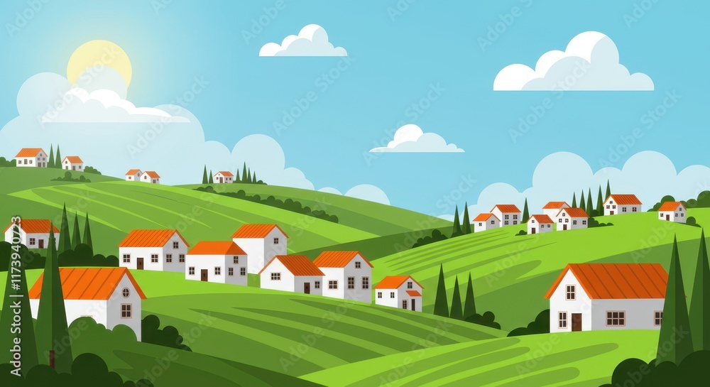 A flat illustration of a picturesque hillside village with white houses topped with orange roofs A flat illustration of a picturesque hillside village with white houses topped with orange roofs