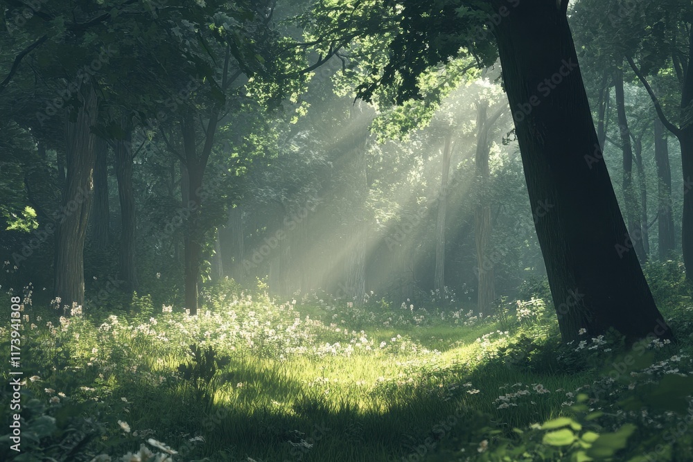 Obraz premium Serene Woodland Scene with Sunlight and Lush Greenery in Nature