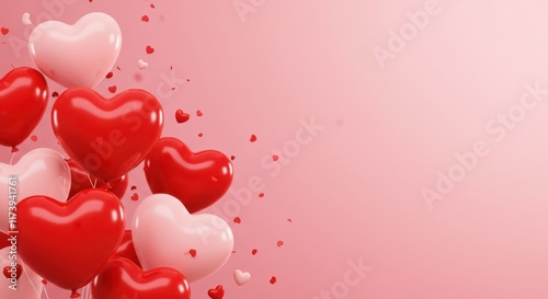 A festive and cheerful Valentine's Day composition featuring clusters of red and pink 3D heart-shaped balloons in varying sizes