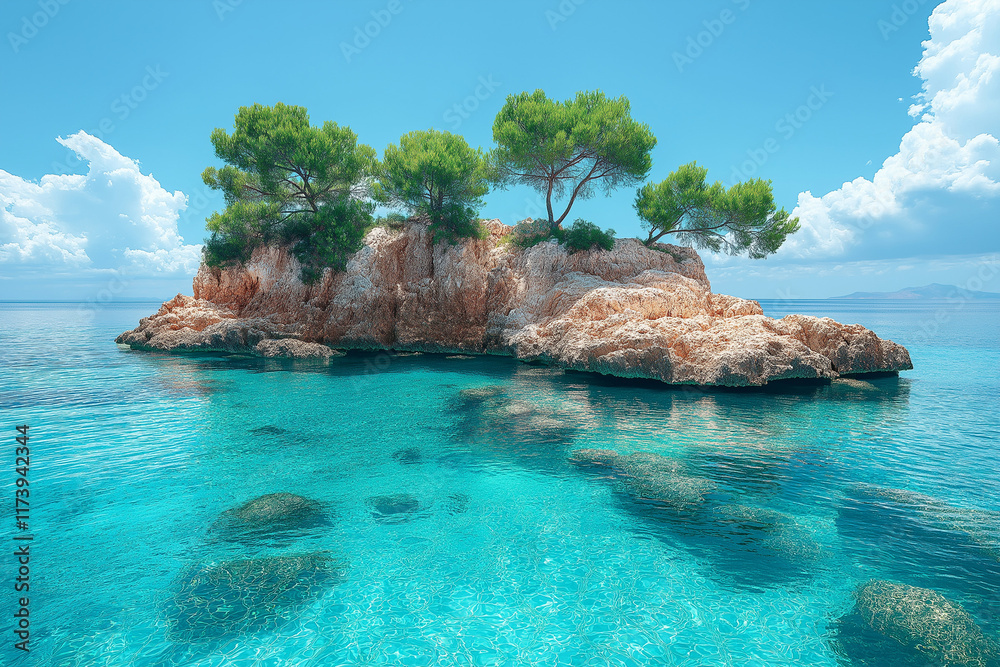 Obraz premium Photo réaliste d’un îlot rocheux entouré d’eau turquoise cristalline, avec des vagues caressant doucement le rivage