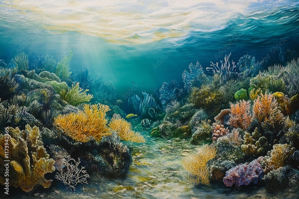 Fototapeta premium Underwater scene, vibrant coral reef, sunlight.