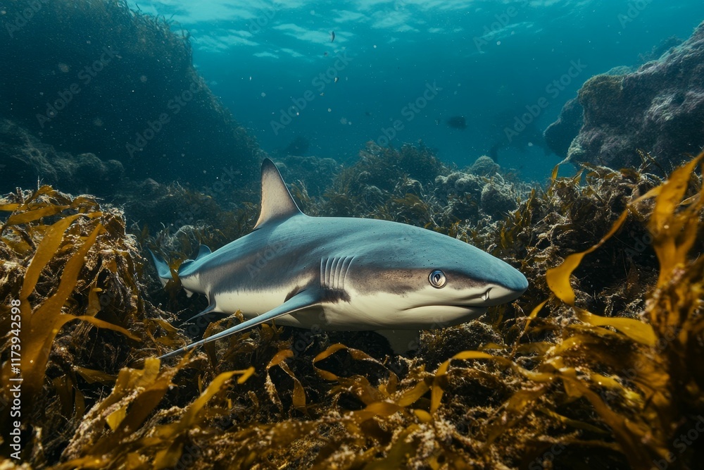 Shark swims amidst underwater kelp forest. Shark swims amidst underwater kelp forest.