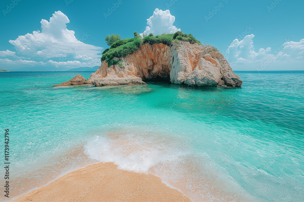 Fototapeta premium Photo réaliste d’un îlot rocheux entouré d’eau turquoise cristalline, avec des vagues caressant doucement le rivage