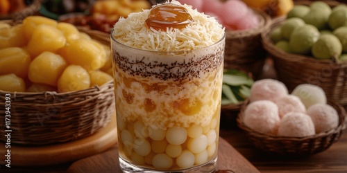 Delicious Vietnamese Dessert Che Ba Mau: Layers of Sweet Beans, Jellies, and Coconut Milk in Glass with Diverse Asian Treats Like Mochi and Thao Lam in Background photo