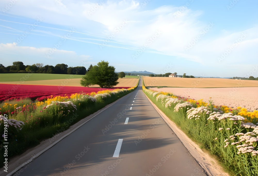 Naklejka premium A Road in the country lined with flowers