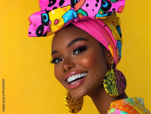 A smiling Black woman in a vibrant headwrap and large earrings Ideal for fashion beauty or diversity campaigns