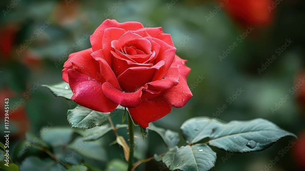 A vibrant red rose with droplets on its petals amidst green foliage. A vibrant red rose with droplets on its petals amidst green foliage.