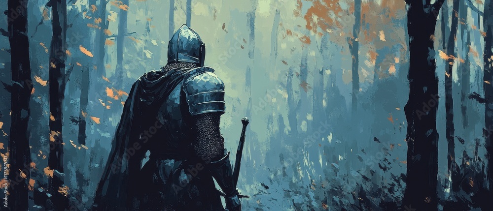 Fototapeta premium Warrior in Dark Forest Surrounded by Mist and Falling Leaves
